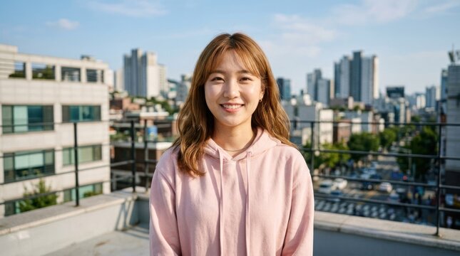 Young Asian Woman Smiling on Rooftop with Cityscape Background.