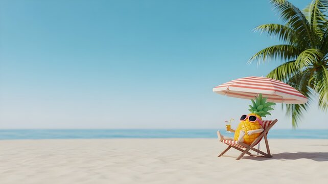A cute cartoon bee relaxing on a beach chair under a parasol for a sunny summer bank holiday