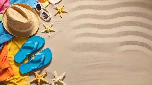 Flat lay of beach accessories on sand for a relaxing summer bank holiday vacation concept with copy space