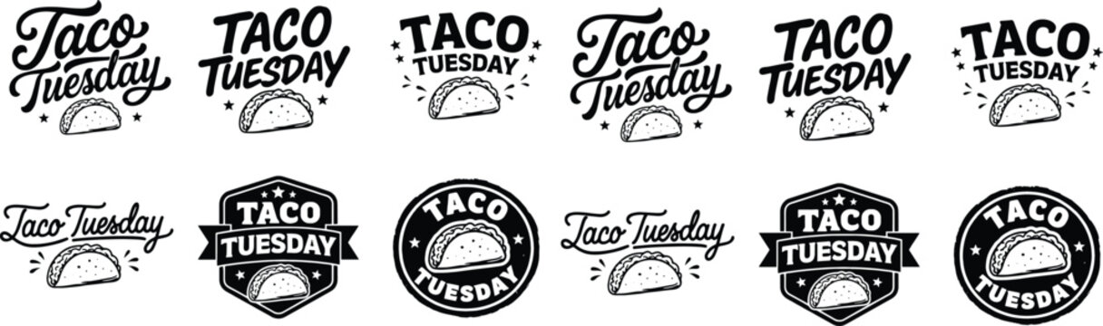 Taco Tuesday logo collection featuring bold typography, badge, and emblem designs with taco icons and stars for restaurant, food, and celebration branding flat vector illustration