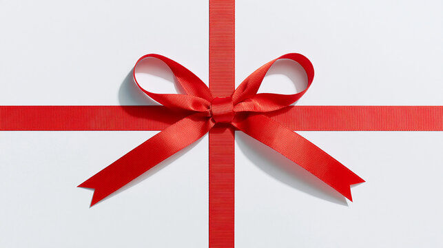 Elegant red satin ribbon bow isolated on a clean white background, perfect for gift wrapping, Christmas decorations, Valentine's Day, luxury branding, greeting cards, holiday promotions, packaging