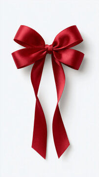 Elegant red satin ribbon bow isolated on a clean white background, perfect for gift wrapping, Christmas decorations, Valentine's Day, luxury branding, greeting cards, holiday promotions, packaging