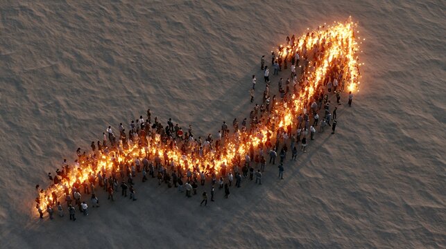 Crowd of people holding bright fire torches forming a large rising arrow graph pointing upward on dark background for business growth and market success concept