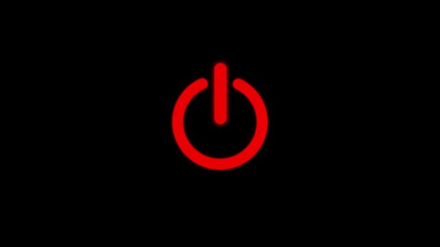 power button turning on and off animation on black background.