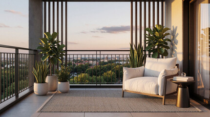 Obraz premium Modern apartment balcony features soft white armchair plus green potted plants during golden sunset hour. Outdoor terrace furniture sits on grey rug with view of city landscape. Relaxing lounge area