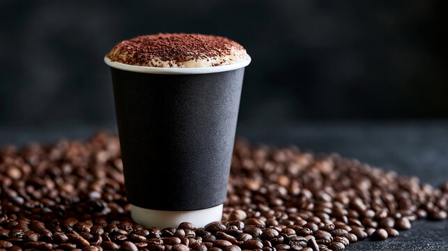 Fresh cappuccino in a black takeaway coffee cup surrounded by roasted coffee beans with rich milk foam and cocoa topping, perfect for caf? advertising, coffee shop branding, restaurant menus, 
