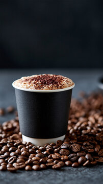 Fresh cappuccino in a black takeaway coffee cup surrounded by roasted coffee beans with rich milk foam and cocoa topping, perfect for caf? advertising, coffee shop branding, restaurant menus, 