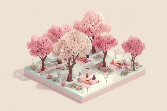 Isometric view of a park with blooming cherry trees and tiny people on picnic sheets, springtime in Japan concept, 3D style illustration