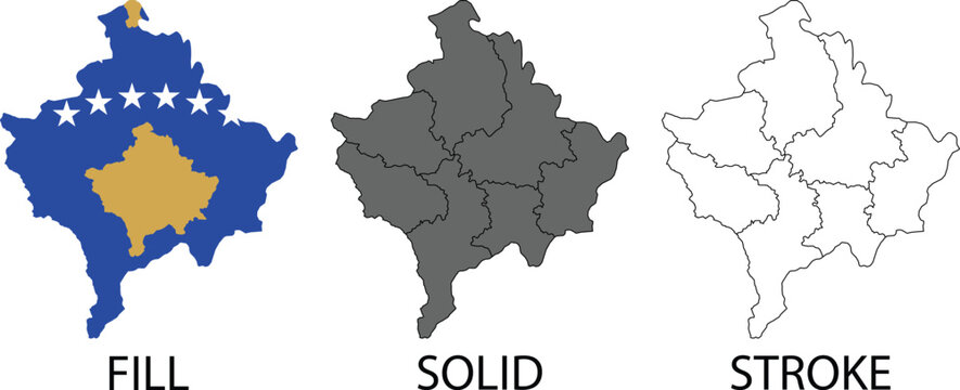 Kosovo map and flag set with filled solid and stroke outline vector illustrations