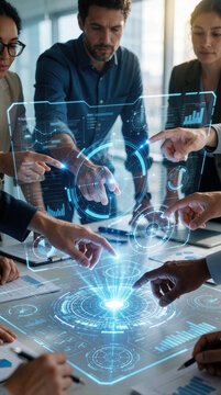 Diverse pro team touches glowing futuristic holographic interface in modern office. Colleagues discuss data project strategy at meeting table. People analyze virtual blue digital charts graphs