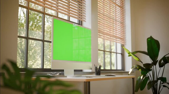 All in One Computer Monitor Green Screen Mockup &ndash; Static Seamless Loop with Moving Trees in Bright Sunlit Office - Perspective Shoot