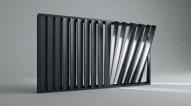 Modern black architectural rotating slats in a metal frame on a neutral grey studio background, featuring a minimalist design with light passing through vertical louver panels.