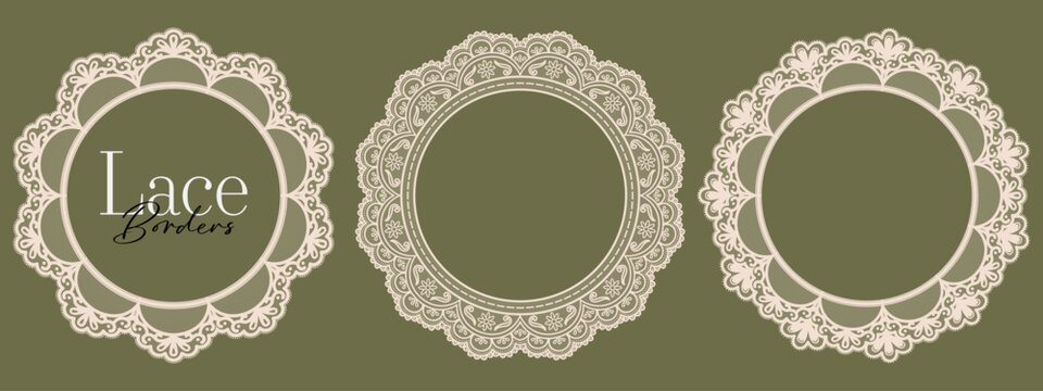 Vintage scallop lace frame set with ornate round border edge and doily trim. Elegant circle shapes with floral and crochet pattern.