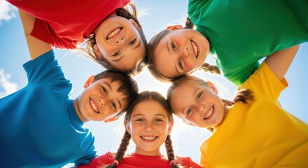 Fototapeta premium Group of Happy Diverse Children in a Huddle Smiling at Camera Outdoors on a Sunny Day