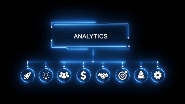 Analytics Business Concept Flowchart with Icons and Neon Blue Glow Keywords: analytics, business, concept, flowchart, icons, neon, blue, glow, data, analysis, insight, strategy