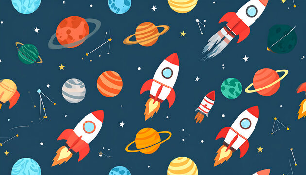 A vibrant and playful cartoon space pattern with rockets, planets, and stars on a dark blue background, perfect for children's designs.