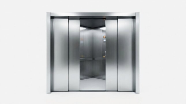 Modern stainless steel elevator doors slightly open on a white background, showing a polished metallic interior with soft light reflections and a digital control panel.