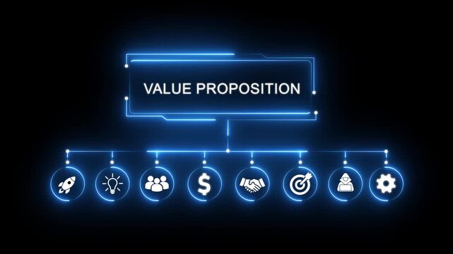 Value Proposition Business Concept Flowchart with Icons and Neon Blue Glow Keywords: value proposition, business, concept, flowchart, icons, neon, blue, glow, strategy, marketing, success, growth