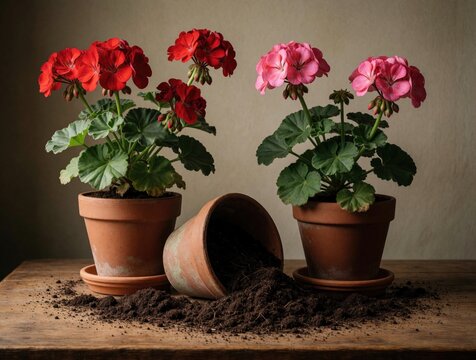 Red and pink geraniums in pots on wooden table. Soil spilled from fallen pot creates messy scene. Indoor plant arrangement with vibrant blossoms.