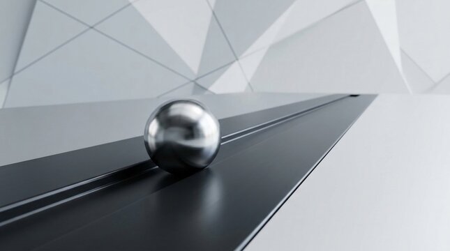 Polished chrome metallic sphere resting on a dark narrow track groove against a white 3D geometric polygonal wall background, representing precision, motion, and minimalist modern design.