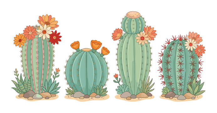 Blooming desert cactus set with colorful succulent flowers and pebbles