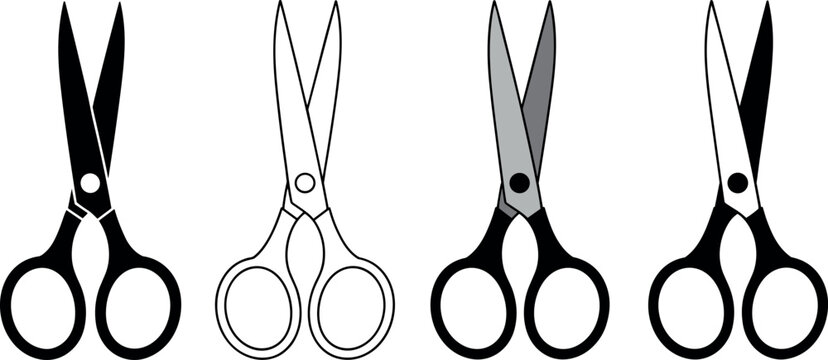 Scissors Vector Icon Set in Line Art, Silhouette, Gray, and Solid Style Isolated on White Background