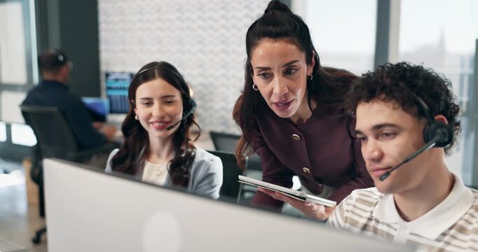 Coach, agent and team with tablet in call center for virtual assistance or online guidance. People, mentor or training consultant with technology, advice or help for customer service in workplace