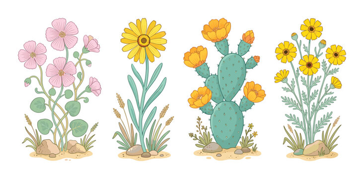 Set of four desert wildflower and blooming cactus illustrations on white