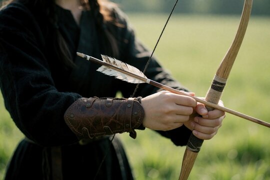 Young woman holds traditional wooden bow, fletched arrow in hands. Female archer wears protective leather bracer on forearm. Person practices archery sport outdoors in summer forest. Concentration,