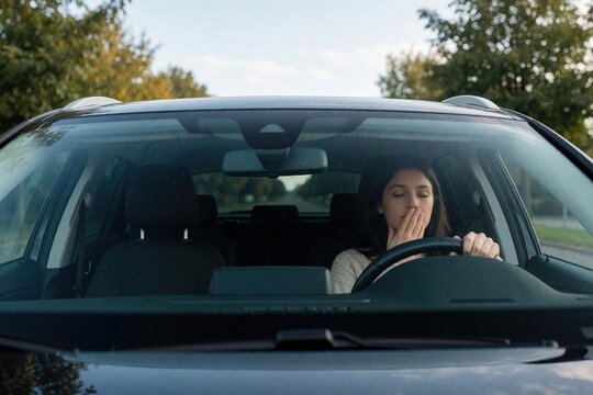 Young woman yawns driving modern car on road trip. Tired female driver feels sleepy behind steering wheel. Exhausted traveler suffers from fatigue during travel. Overworked person lacks
