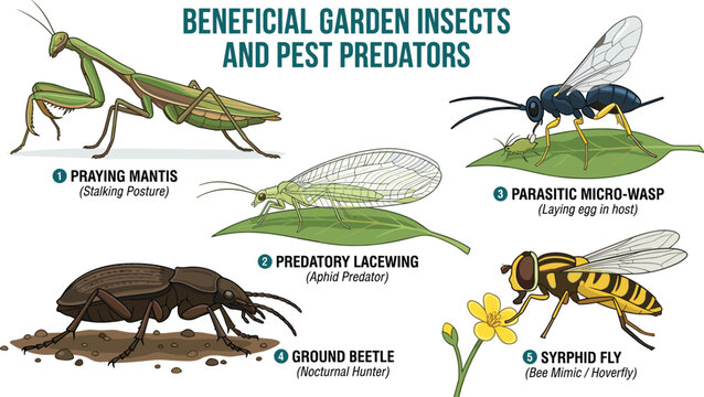 Beneficial Garden Insects and Pest Predators Vector Set Featuring Praying Mantis Lacewing Micro Wasp Ground Beetle and Syrphid Fly