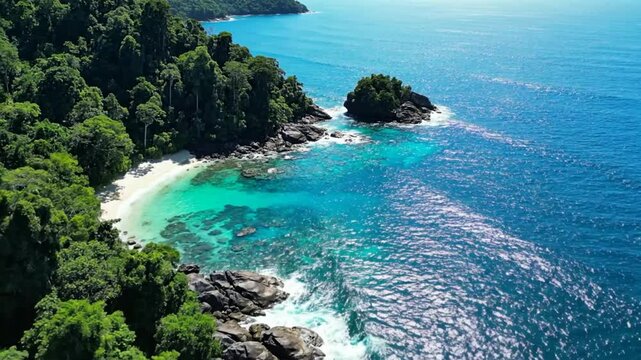 Aerial view of a secluded tropical beach with turquoise water, lush green forest, and rocky coastline on a sunny day