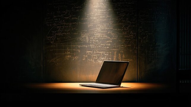 Laptop illuminated by spotlight on chalkboard wall