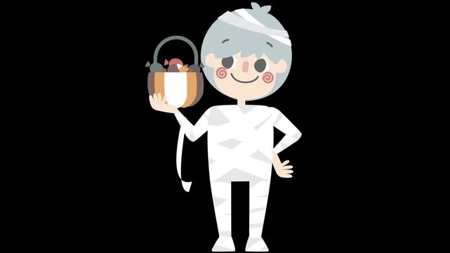 animated video happy halloween holiday festival with boy wearing mummy zombie costume holding pumpkin bucket and candy, overlay transparent prores 4444 4K