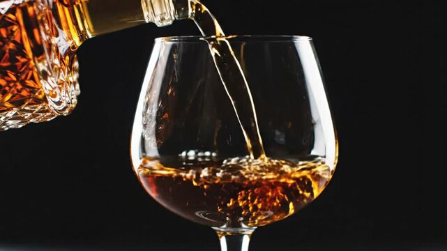 Close up view of amber liquid being poured into a brandy snifter on a black background