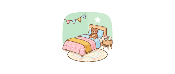 Cozy Bedroom Scene with Teddy Bear and Bunting