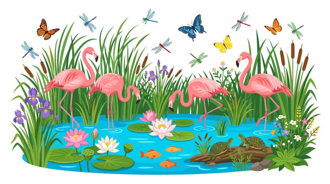 Pink flamingos in a tropical pond with flowers and turtles