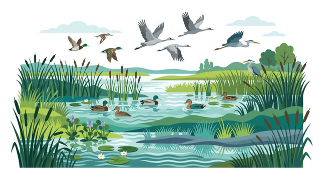 Migrating birds flying over scenic marshland at dawn
