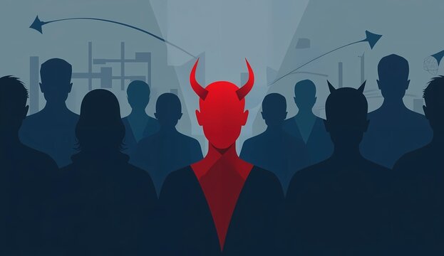 Red Devil Silhouette Standing Among Crowded People Conceptual Vector Illustration