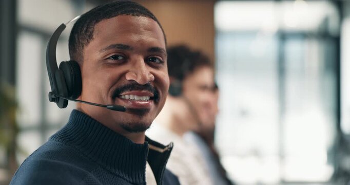 Face, smile and man in call center for telemarketing, about us and insurance sales agent with pride. Portrait, happy person and telesales consultant with headset for coverage, coworking and telecom