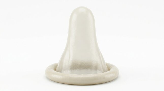 Close-up of a white latex condom on a plain white background, focused on safety and protection