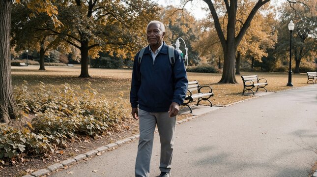 Elderly Black man walking in park with portable oxygen tank in backpack. Senior person wears nasal cannula for breathing support outdoors. Retired patient enjoys active lifestyle despite chronic lung