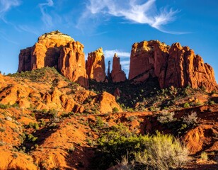 Naklejka premium Vibrant red rock formations under a clear blue sky with wispy clouds.