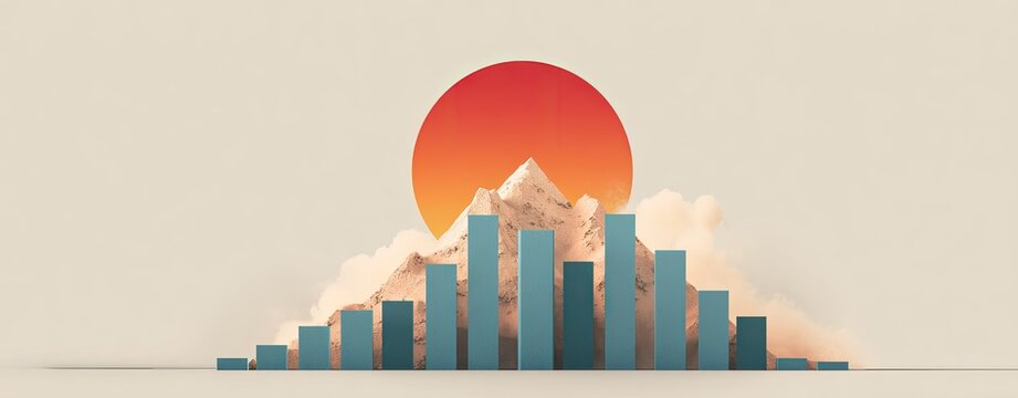 Abstract graphic of rising bar graph behind mountains and sun