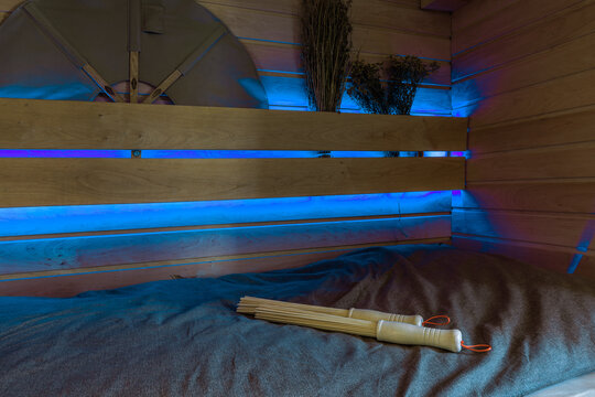 Sauna Bench with Blue Backlight and Sauna Whisks