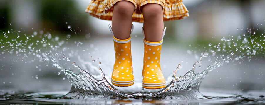 Child yellow rain boots splash water puddle kid jumping in puddle with yellow rain boots creating water splash on wet ground