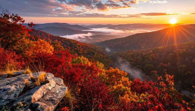 Autumn sunrise over rolling hills ablaze with fall colors.