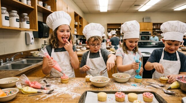Diverse children decorating cupcakes with frosting in school kitchen classroom.