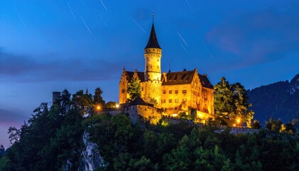 Fototapeta premium Magnificent medieval castle illuminated at dusk with star trails in the sky.