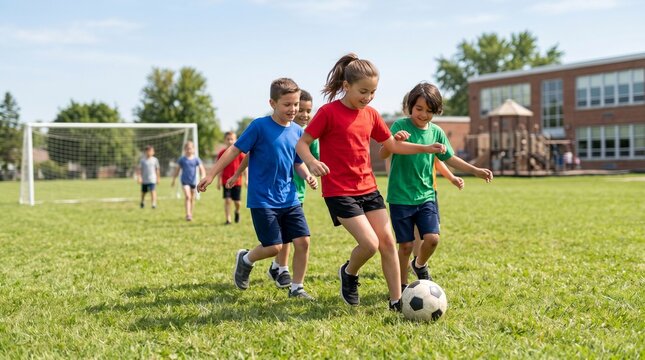 Diverse kids playing soccer with ball on grassy school field during recess.